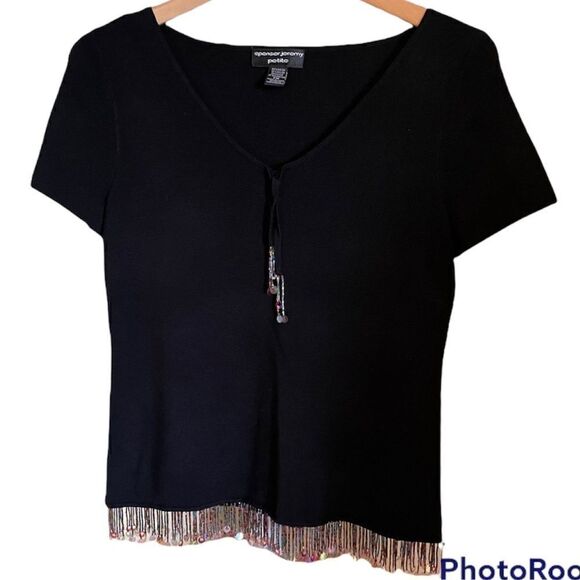 Unique Beaded Short Sleeve Sweater! Must See! Size Medium Petite, MP - Picture 1 of 6